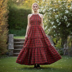 Polo Ralph Lauren Tartan Plaid Self Tie Dress Red Black Womens NEW $600 MSRP